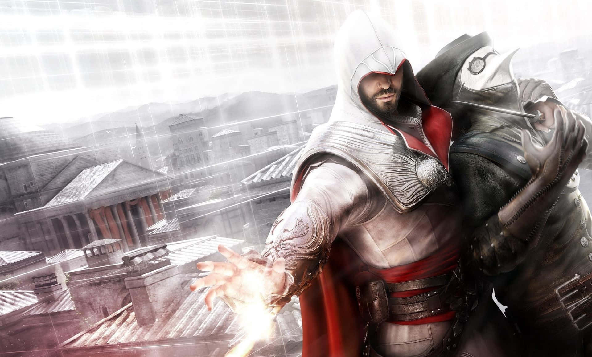 Ezio Auditore da Firenze, Master Assassin, against Rome's iconic landmarks in Assassin's Creed Brotherhood Wallpaper
