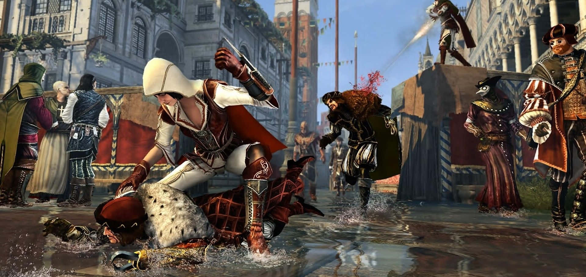 Ezio Auditore in action amid ancient Rome in Assassin's Creed Brotherhood Wallpaper