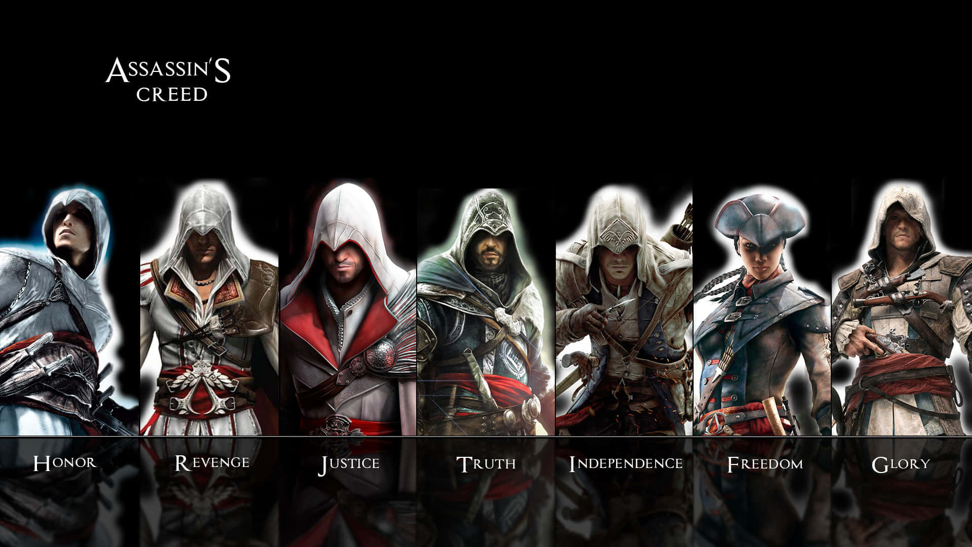 A fierce gathering of prominent Assassin's Creed Characters Wallpaper