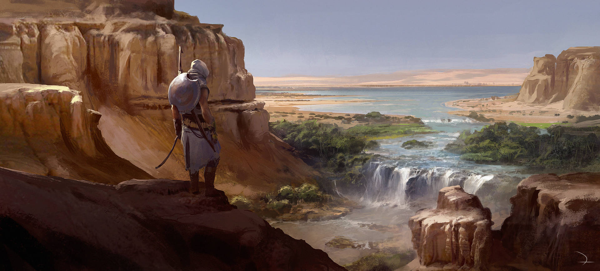 Assassin's Creed Origins Bayek Overlooking Waterfalls Wallpaper