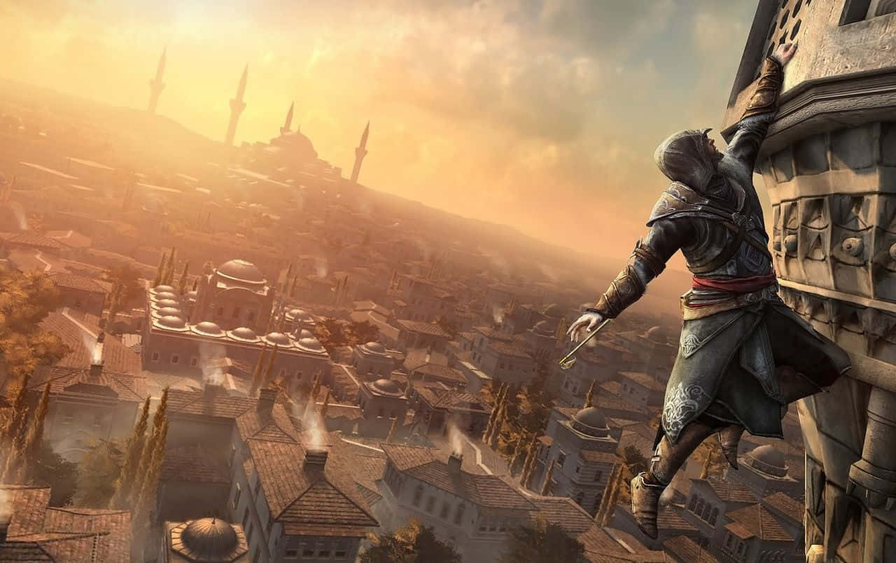 Ezioauditore Se Alza Triunfante En La Azotea En Assassin's Creed Revelations. Fondo de pantalla