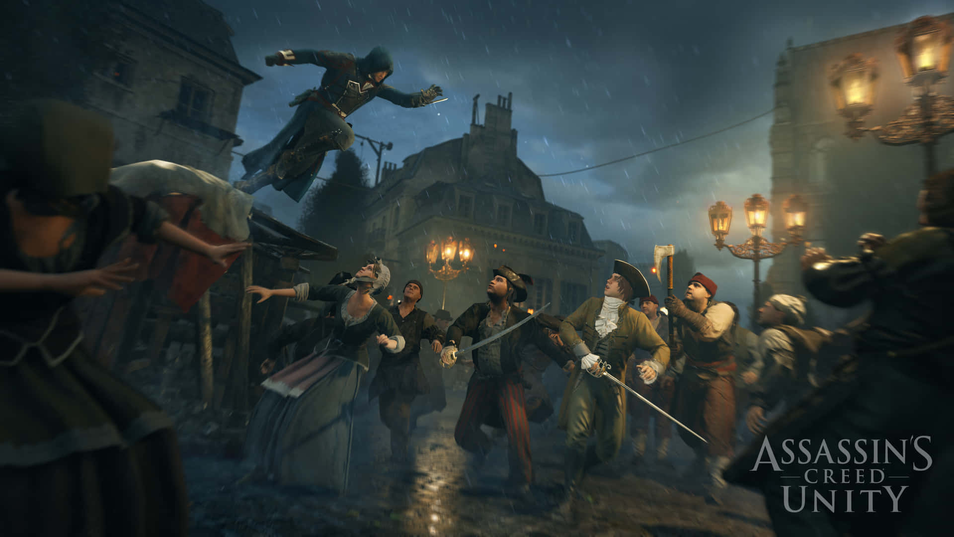 A gripping scene from Assassin's Creed Unity showcasing the protagonist in action Wallpaper