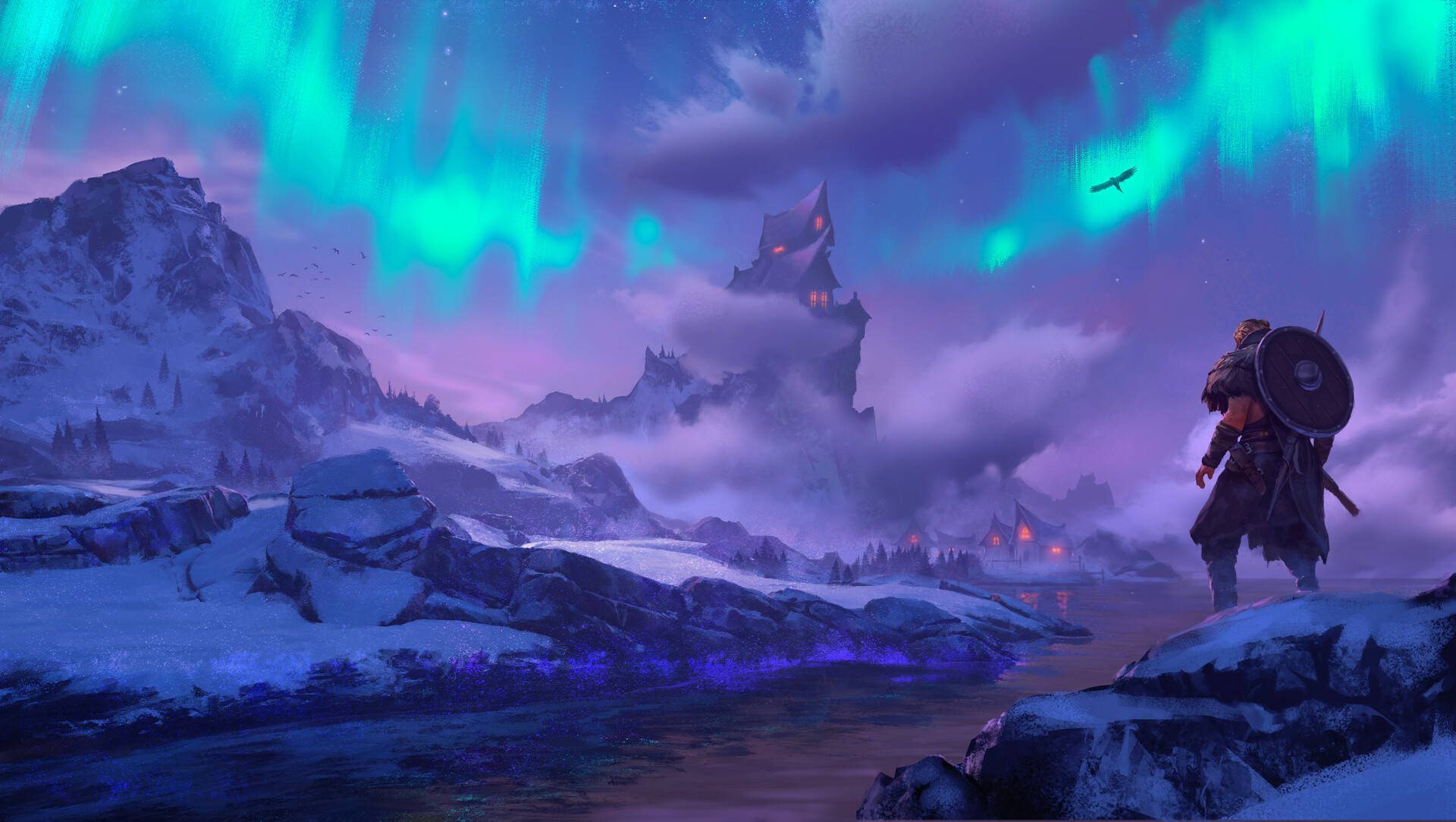 Assassin's Creed Valhalla Purple Sky Northern Lights Wallpaper
