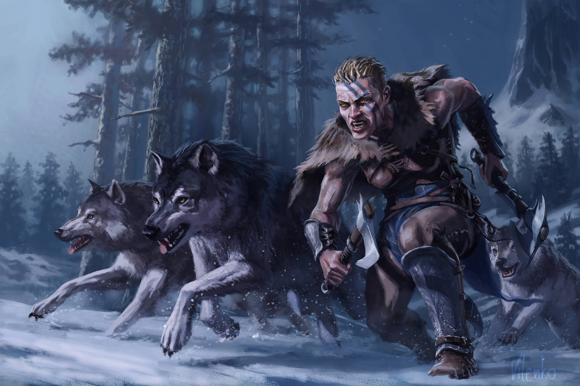 Enthralling Encounter - The Main Protagonist of Assassin's Creed Valhalla interfacing with Majestic Wolfdogs Wallpaper