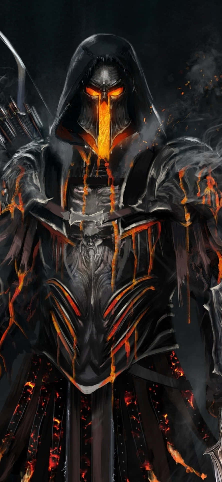 En mørk ridder med et sværd og flammer bag ham. Wallpaper
