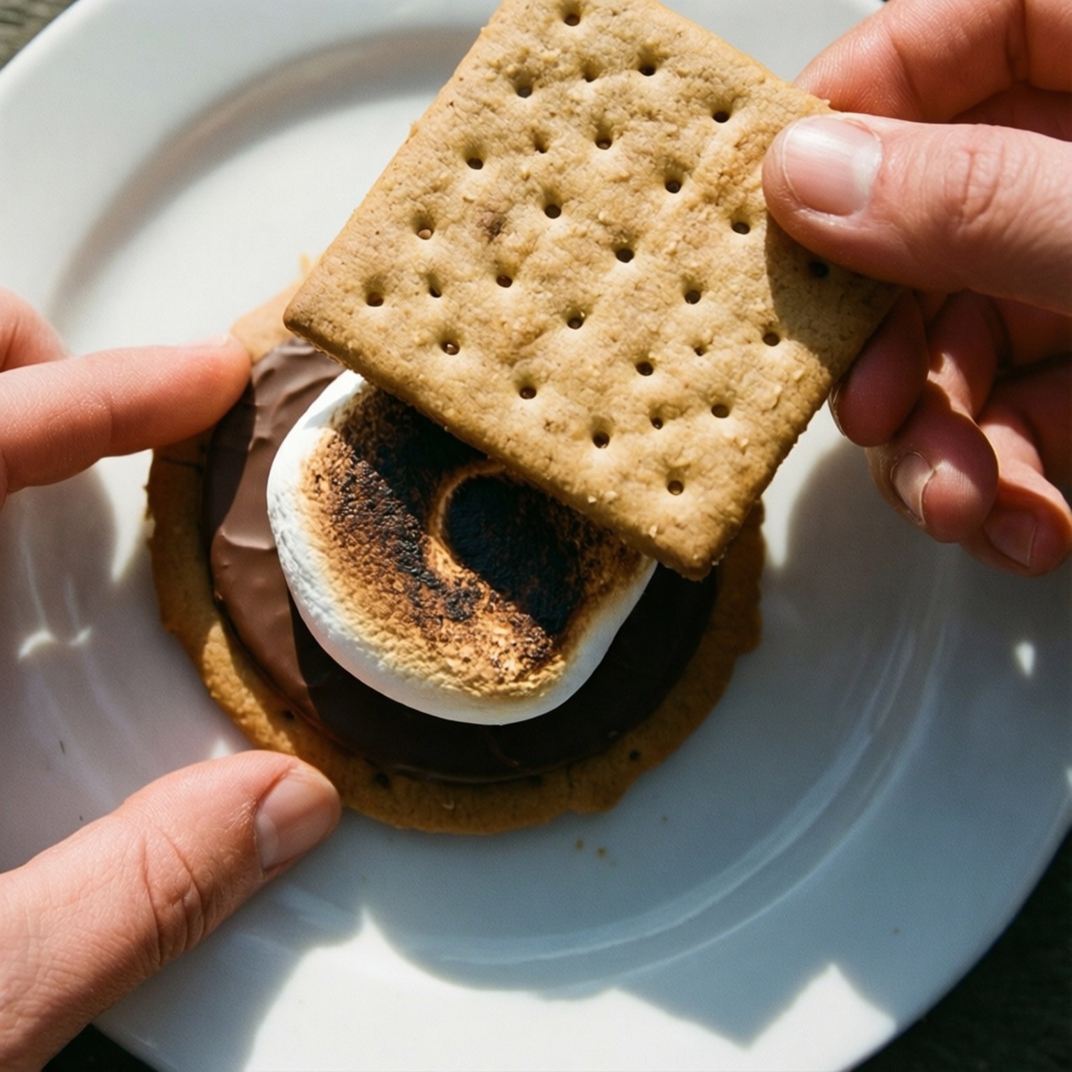 Et overblik af hænder, der samler en s'more med en ristet skumfidus og chokolade.