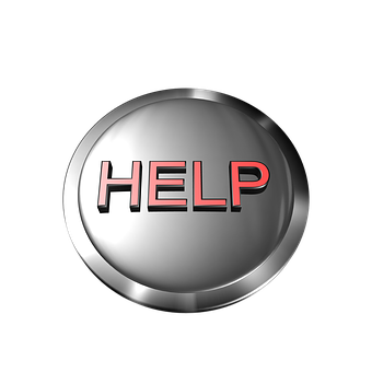 Assistance Button Graphic PNG — A shiny silver circular button with red glowing text HELP centered against a black background.