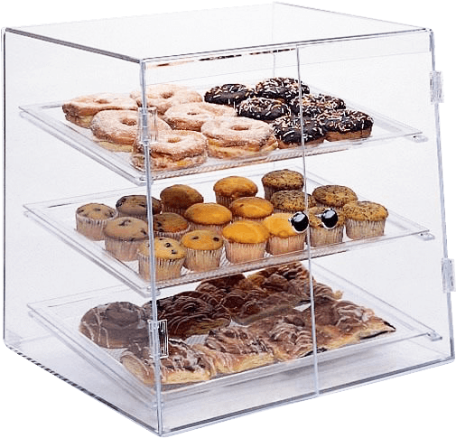 Assorted Bakery Itemsin Acrylic Display Case PNG