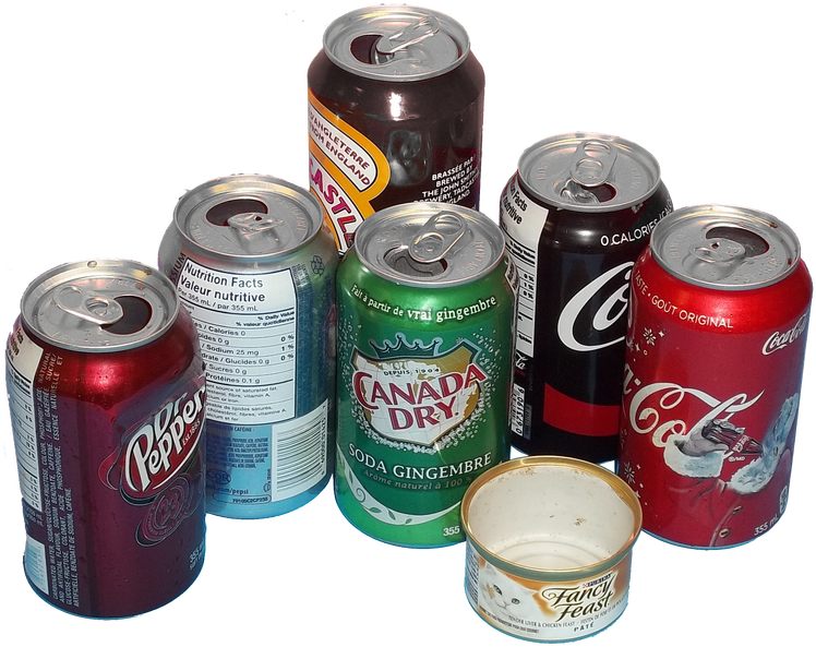 Assorted Beverage Cansand Cat Food Container PNG