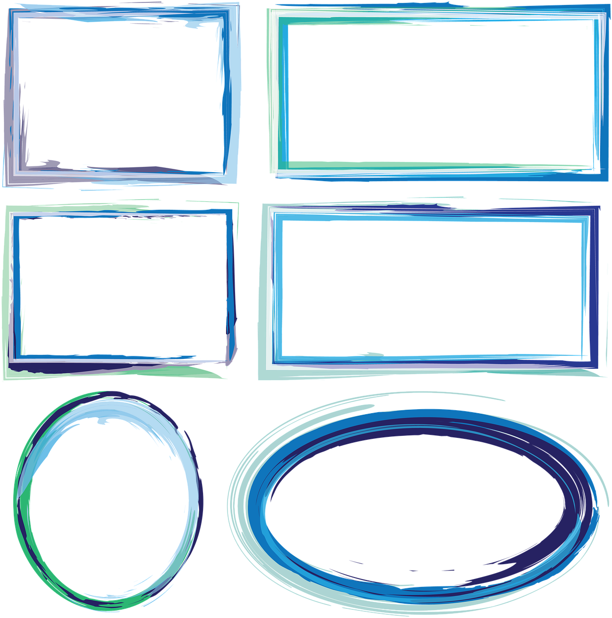 Assorted Blue Frames Collection PNG — Vibrant hand-painted frames in blues greens and purples float against a stark black background with expressive brushstrokes.