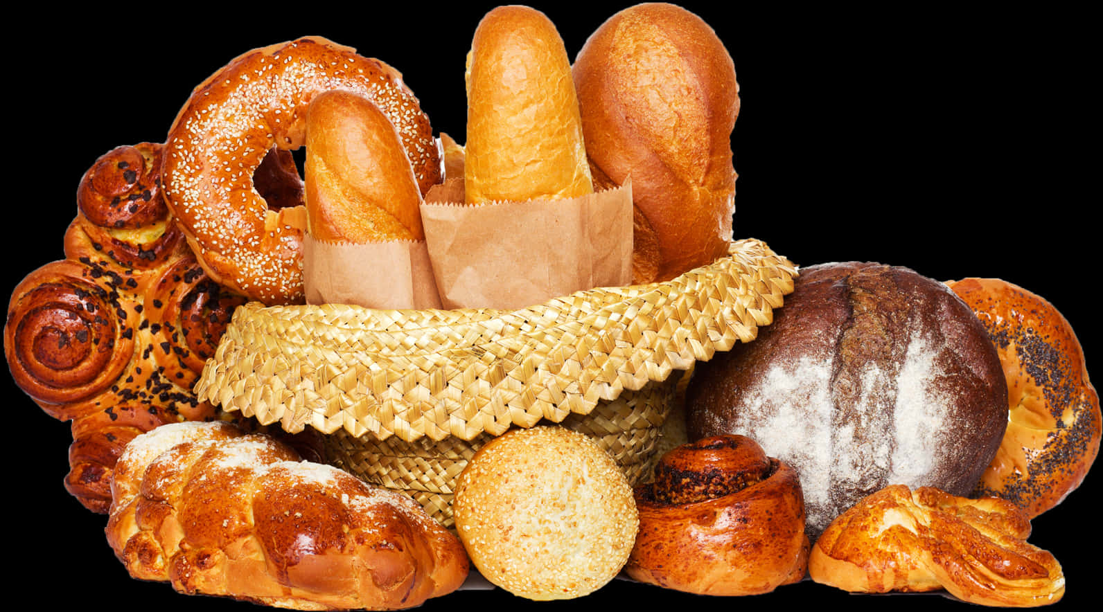 Valikoima leipiä, mukaan lukien patonkeja, pretzeli, sämpylöitä ja maalaisleipä, esillä mustaa taustaa vasten.