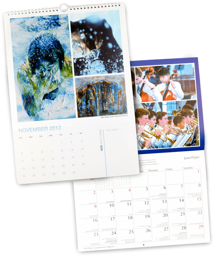 Assorted Calendars Display20122019 PNG — A wall calendar displaying November 2012 with artistic watercolor paintings and a photo of young musicians playing brass instruments.