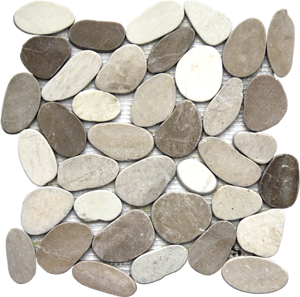 Assorted Cobblestone Pebbles Texture PNG — A mosaic of smooth rounded river stones in beige gray and white arranged on a wire mesh against a black background.