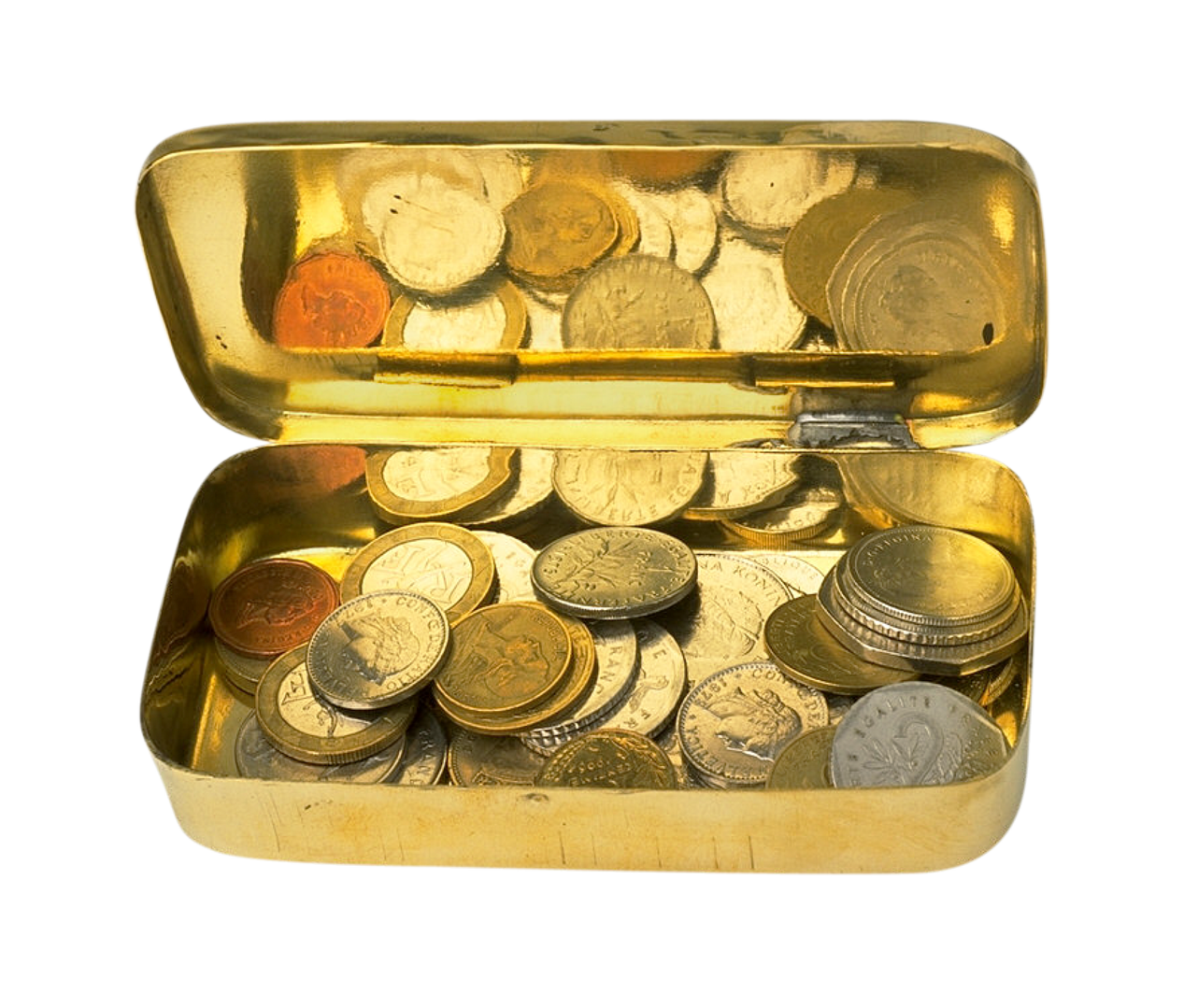 Assorted Coinsin Gold Tin Box PNG