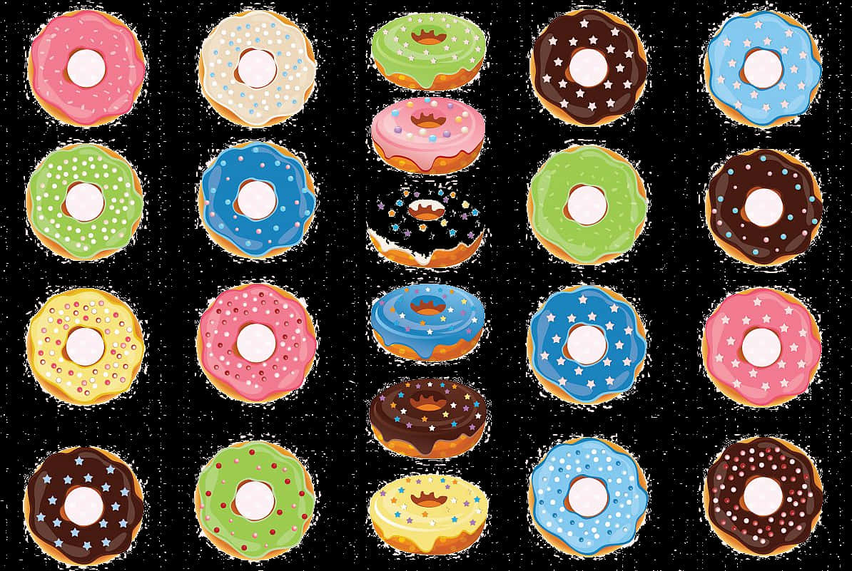 Assorted Donuts Pattern PNG — A vibrant collection of cartoon donuts with colorful glazes and sprinkles arranged neatly against a black background.
