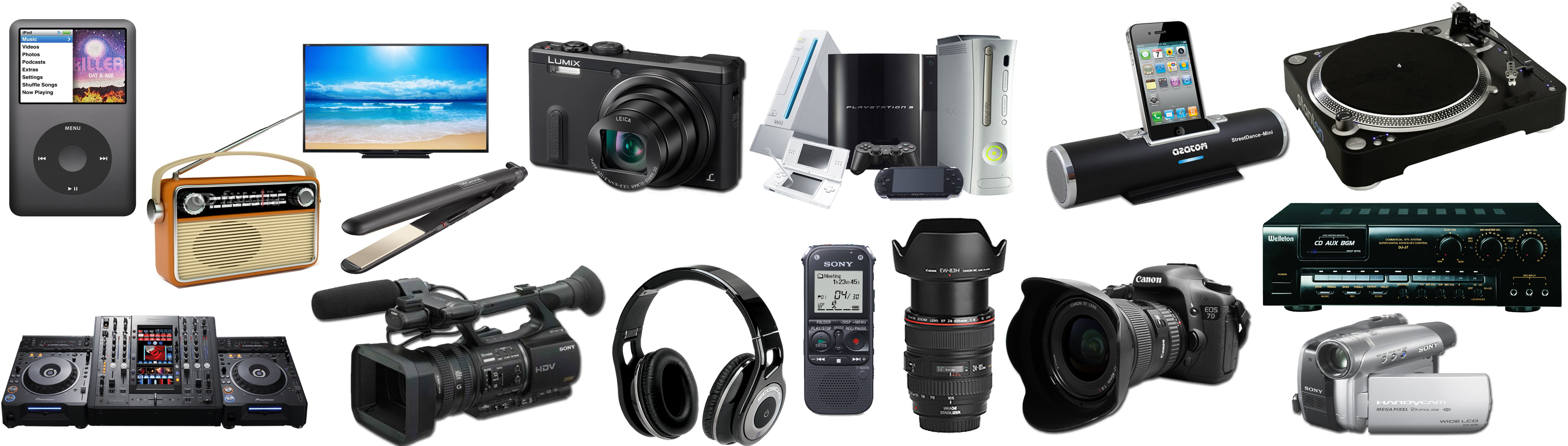 Assorted Electronics Devices Collection PNG — A flat lay collection of vintage and modern electronic gadgets against a black background.