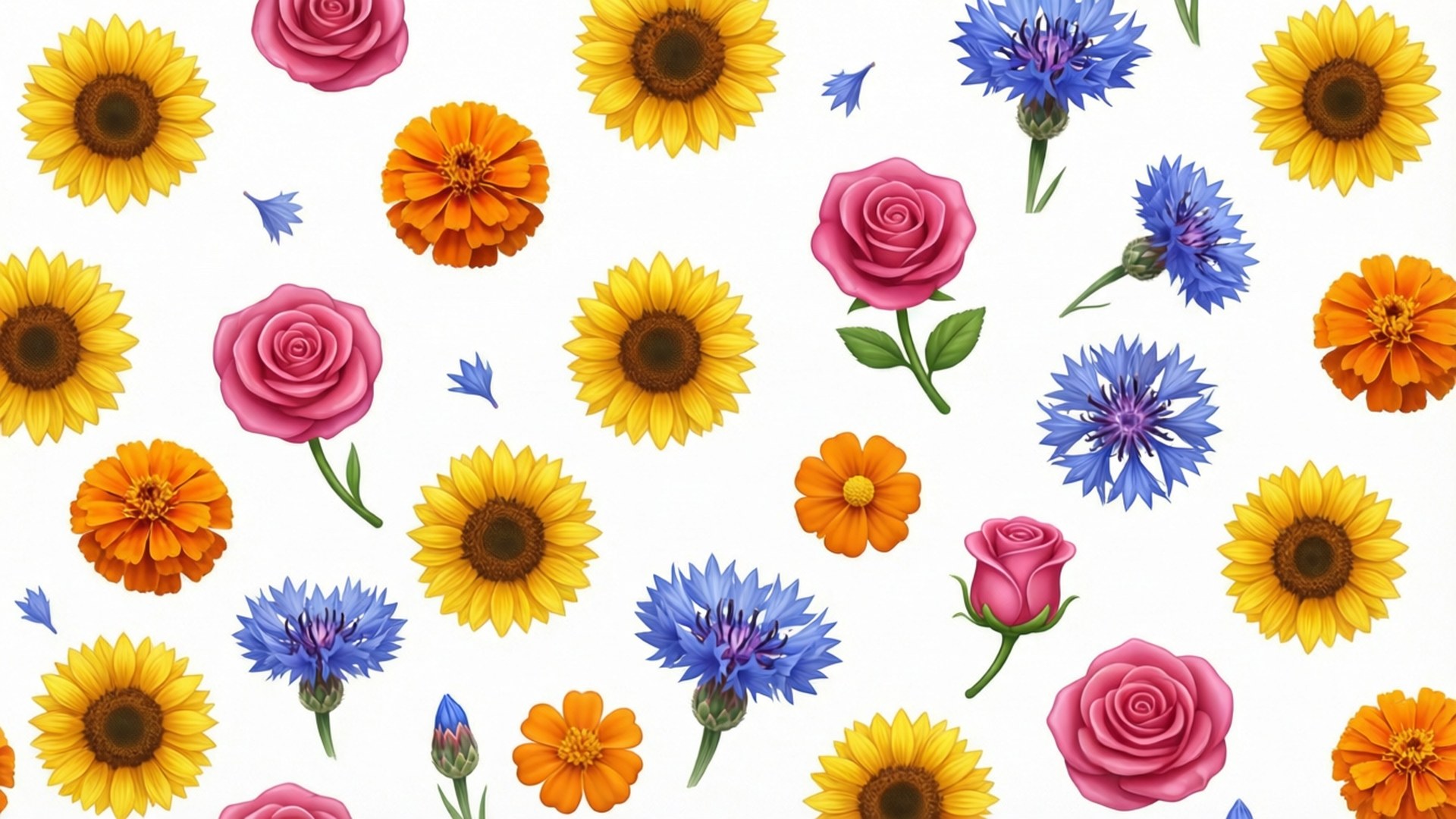 Lekent mønster av assorterte blomster-emojier på hvit bakgrunn