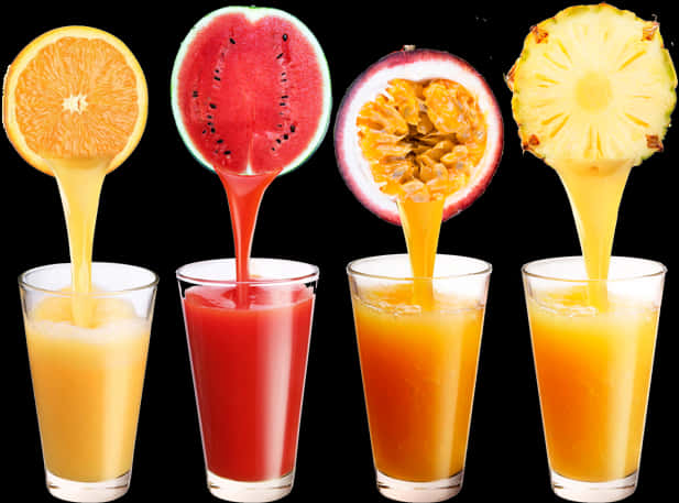 Assorted Fruit Juices Pouring Into Glasses PNG
