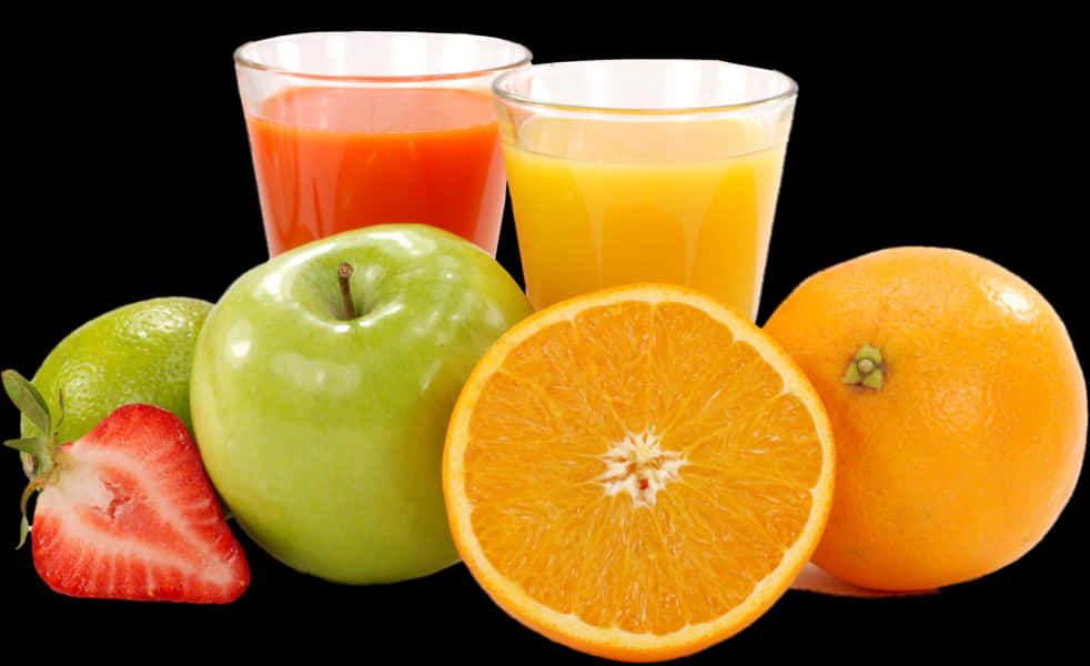 Assorted Fruit Juicesand Fresh Fruits PNG