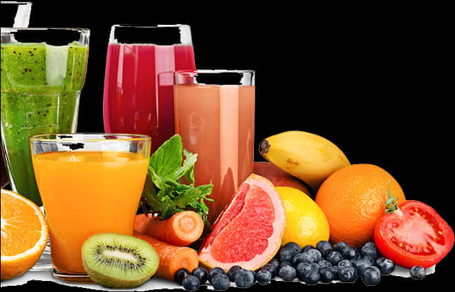 Assorted Fruit Juicesand Fresh Fruits PNG