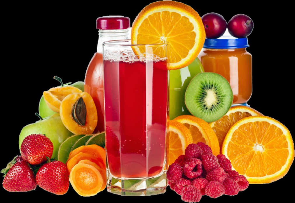 Assorted Fruit Juicesand Fresh Fruits PNG