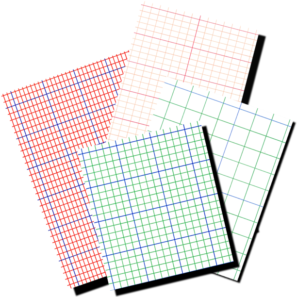Assorted Graph Paper Stack PNG — Four tilted graph papers with red blue and green grid lines layered against a black background.