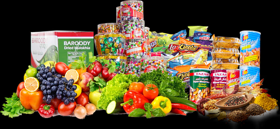 Assorted Grocery Items Display PNG