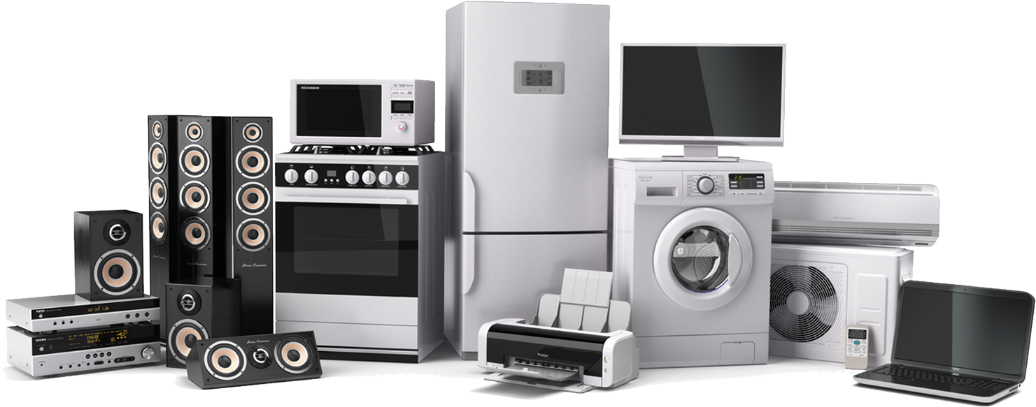 Assorted Home Electronics Collection PNG — A sleek collection of modern home appliances and electronics arranged against a black background.