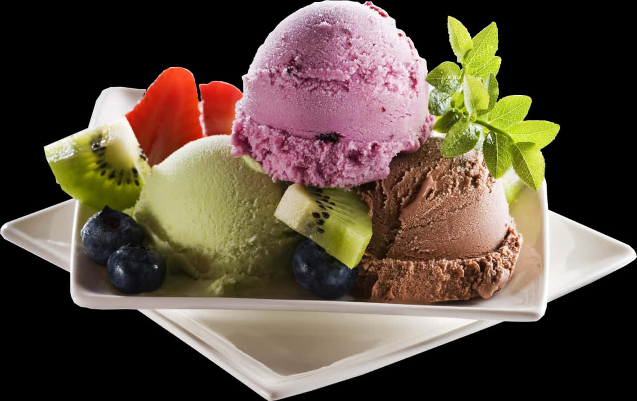 Assorted Ice Cream Scoopswith Fruit Garnish PNG
