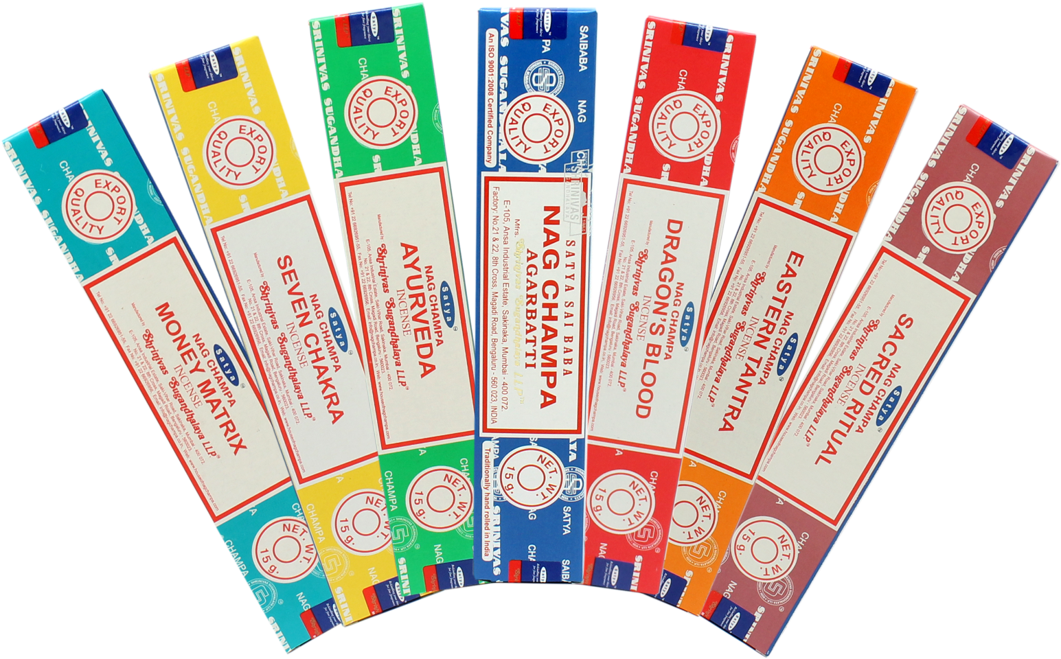 Assorted Incense Sticks Packaging PNG — Seven colorful incense boxes fanned out against a black background showcasing different scents like Money Matrix and Sacred Ritual.