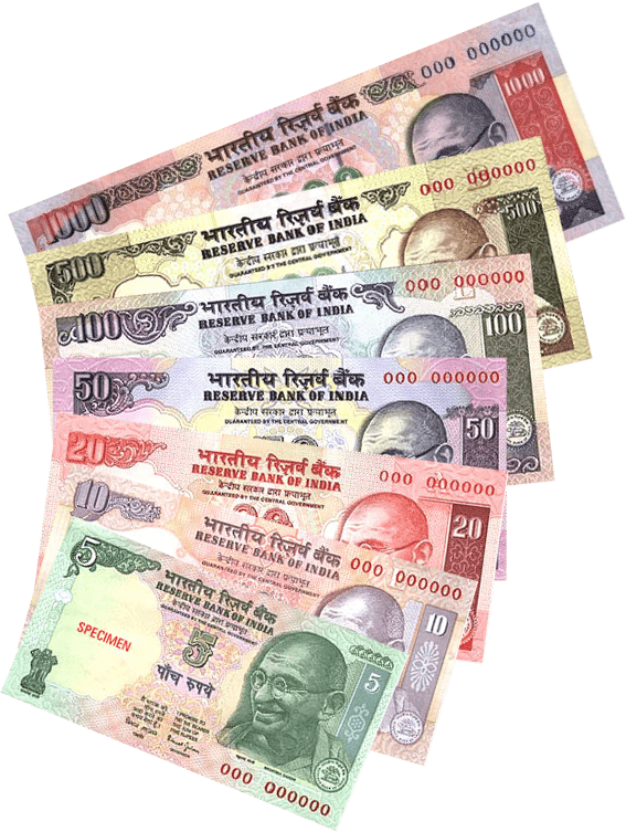 Assorted Indian Currency Notes PNG — A vibrant fan of Indian rupee banknotes from 5 to 1000 denominations fanned out against a solid green background.