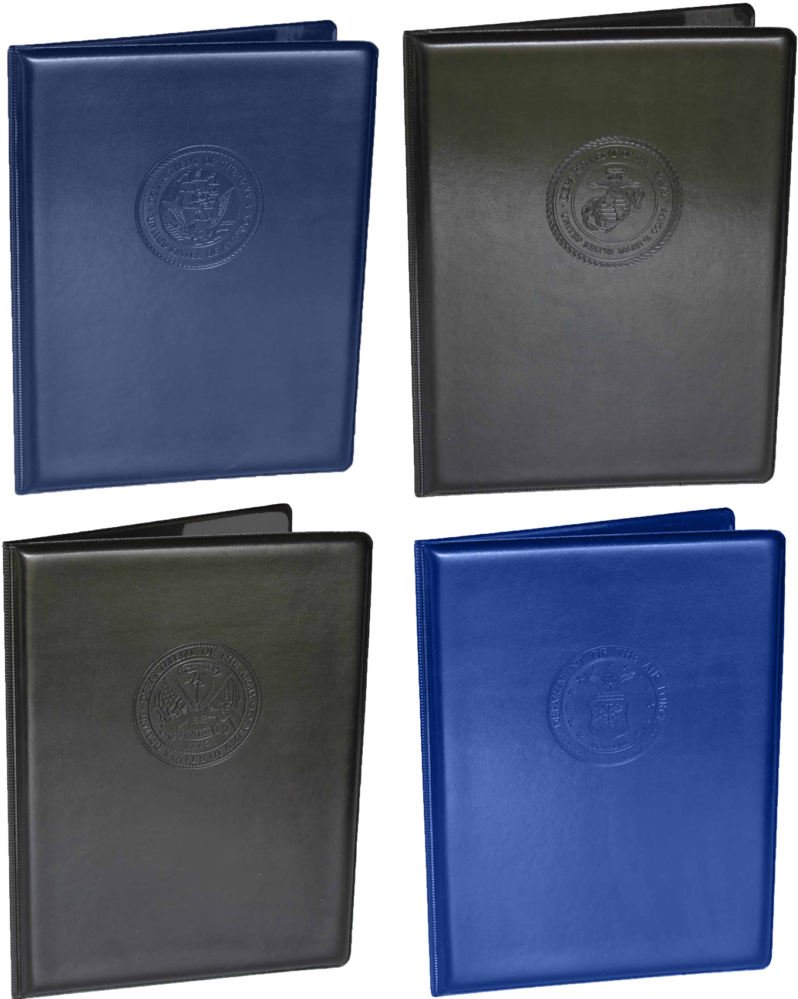 Assorted Leather Wallets PNG — Four official-looking binders in blue and black with embossed military seals on textured covers.