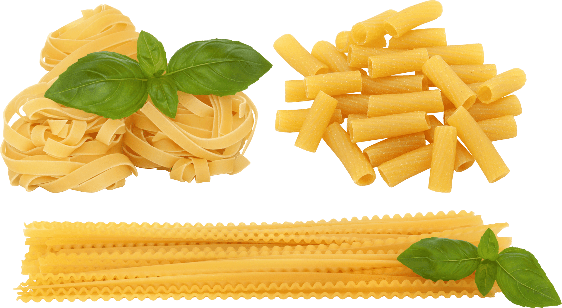 Assorted Pasta Types With Basil Leaves PNG