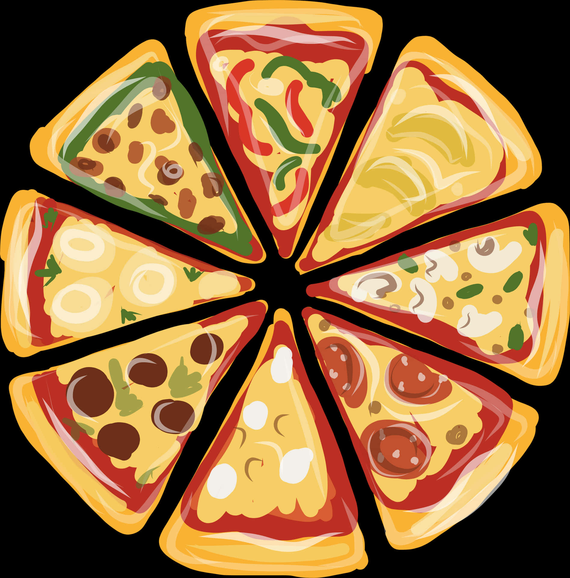 Assorted Pizza Slices Circle Illustration PNG