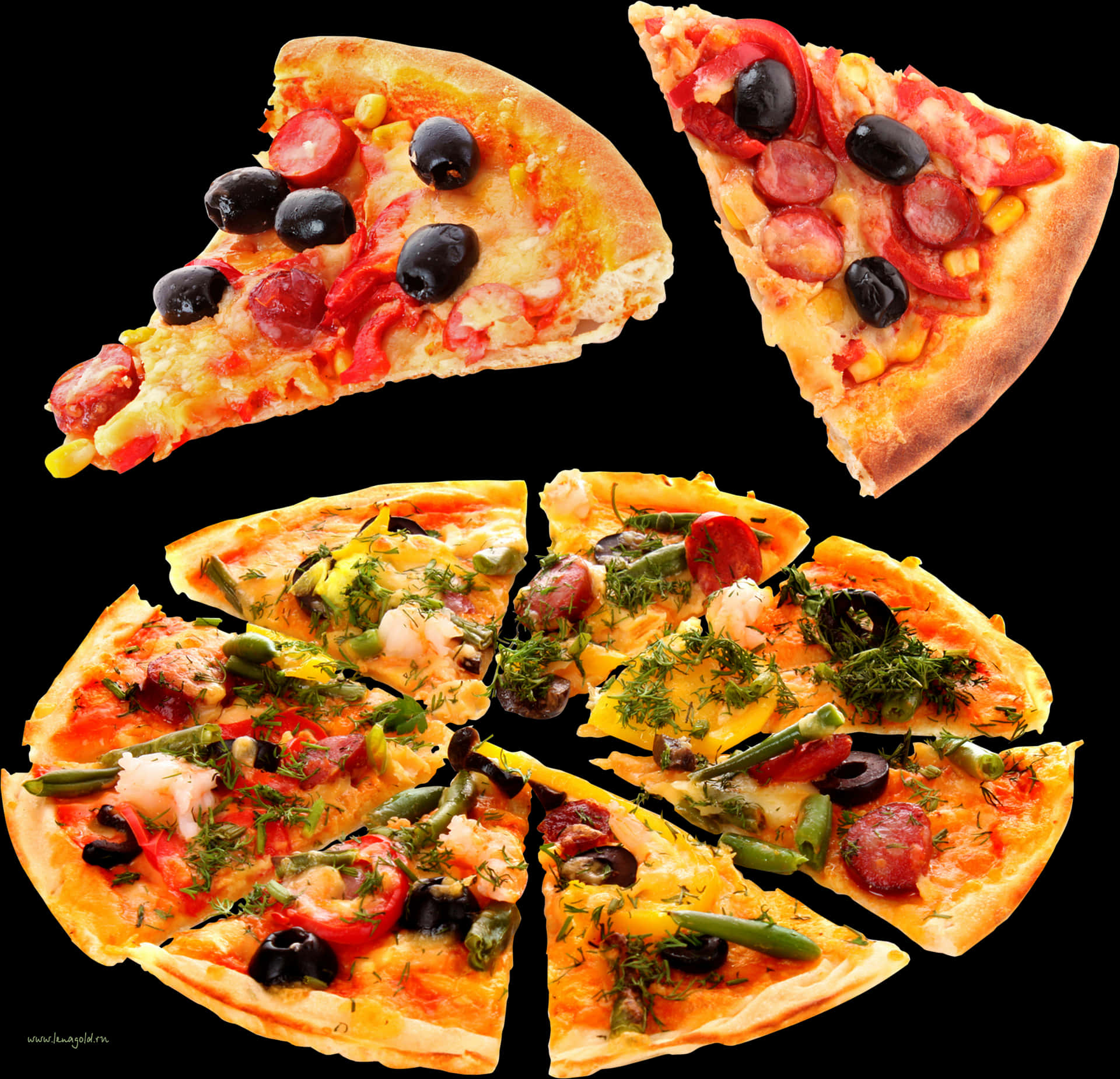 Assorted Pizza Slices Isolatedon Black PNG