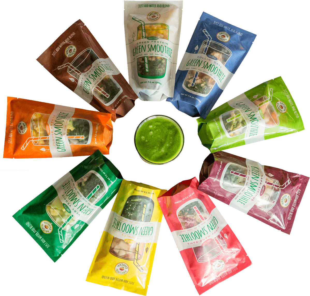 Assorted Smoothie Packetsand Green Smoothie PNG