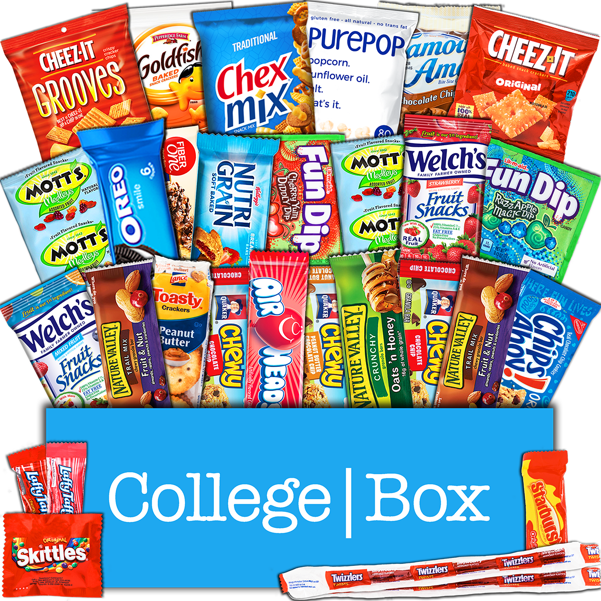 Assorted Snack Variety Pack PNG — A vibrant collage of assorted snack bags and boxes arranged in a college-themed box display.