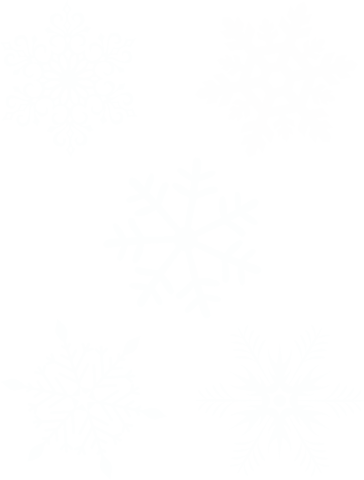 Assorted Snowflake Designs PNG — Five intricate white snowflakes of varying designs float against a stark black background.