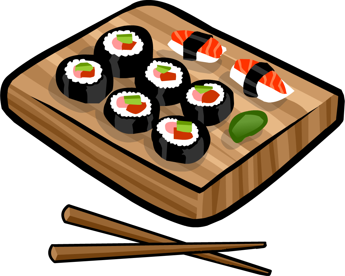 Une variété de pièces de sushi sur une planche en bois avec des baguettes et du wasabi, représentées dans une illustration stylisée.