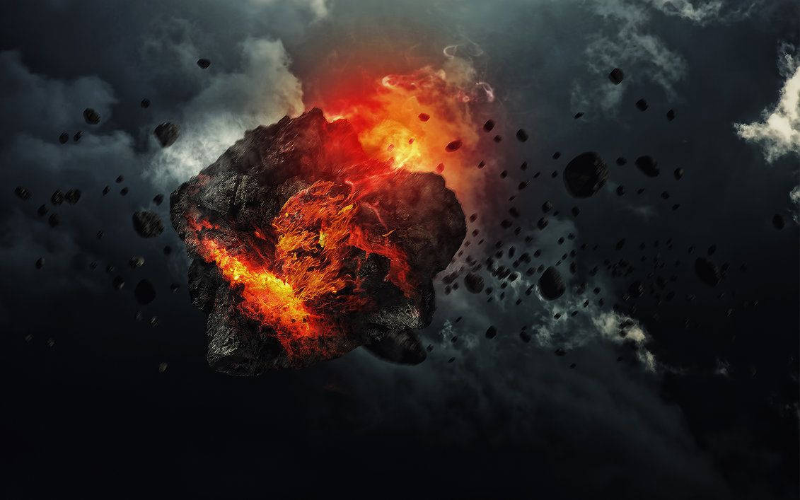 Fiery Asteroid DeviantArt Wallpaper — A fiery meteoroid explodes with molten orange and red flames against a dark stormy sky filled with debris.