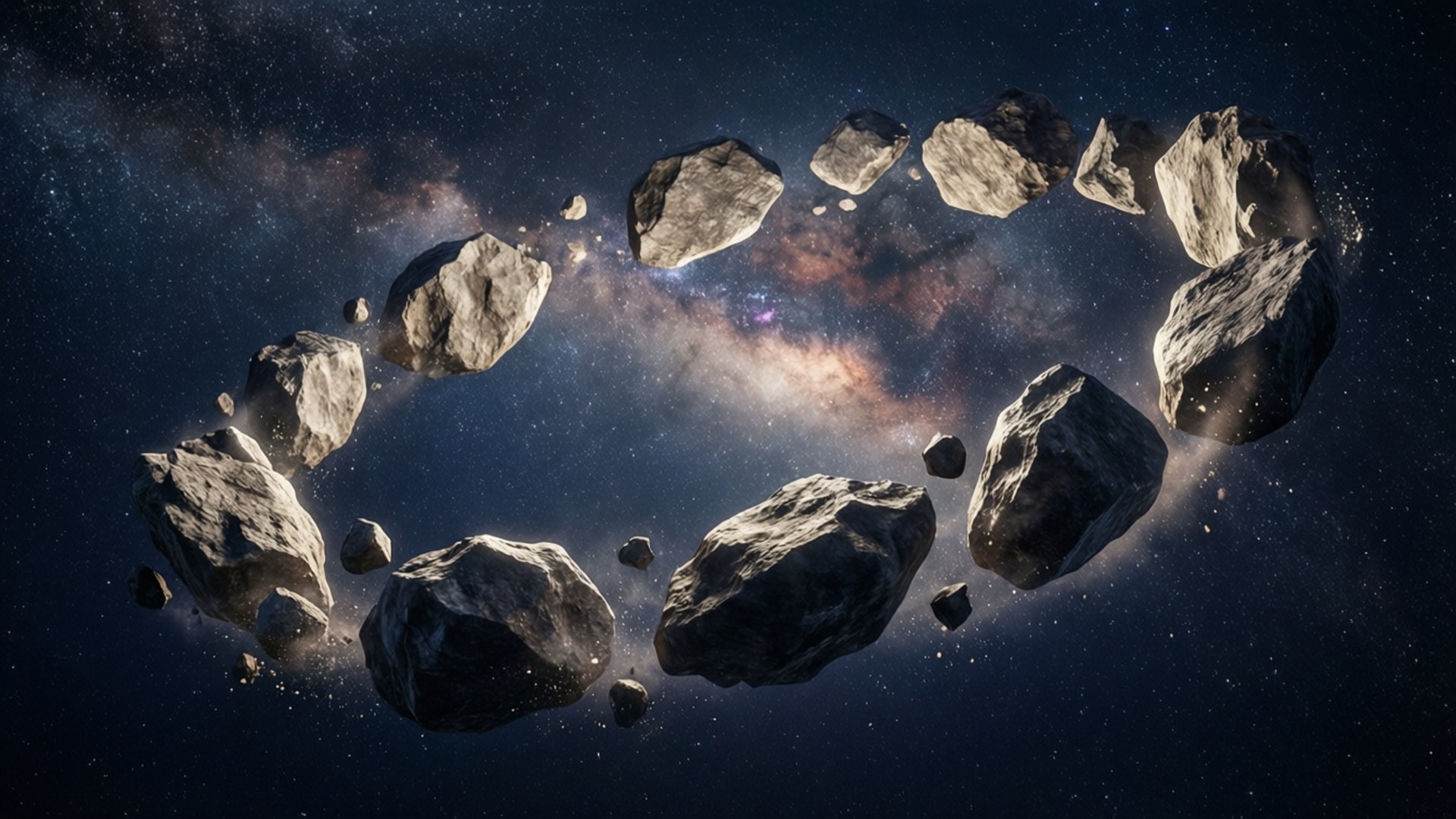 Asteroid Ring Wallpaper — Sebuah cincin asteroid kasar melayang di latar belakang kosmik yang semarak dari bintang-bintang dan nebula yang bersinar.