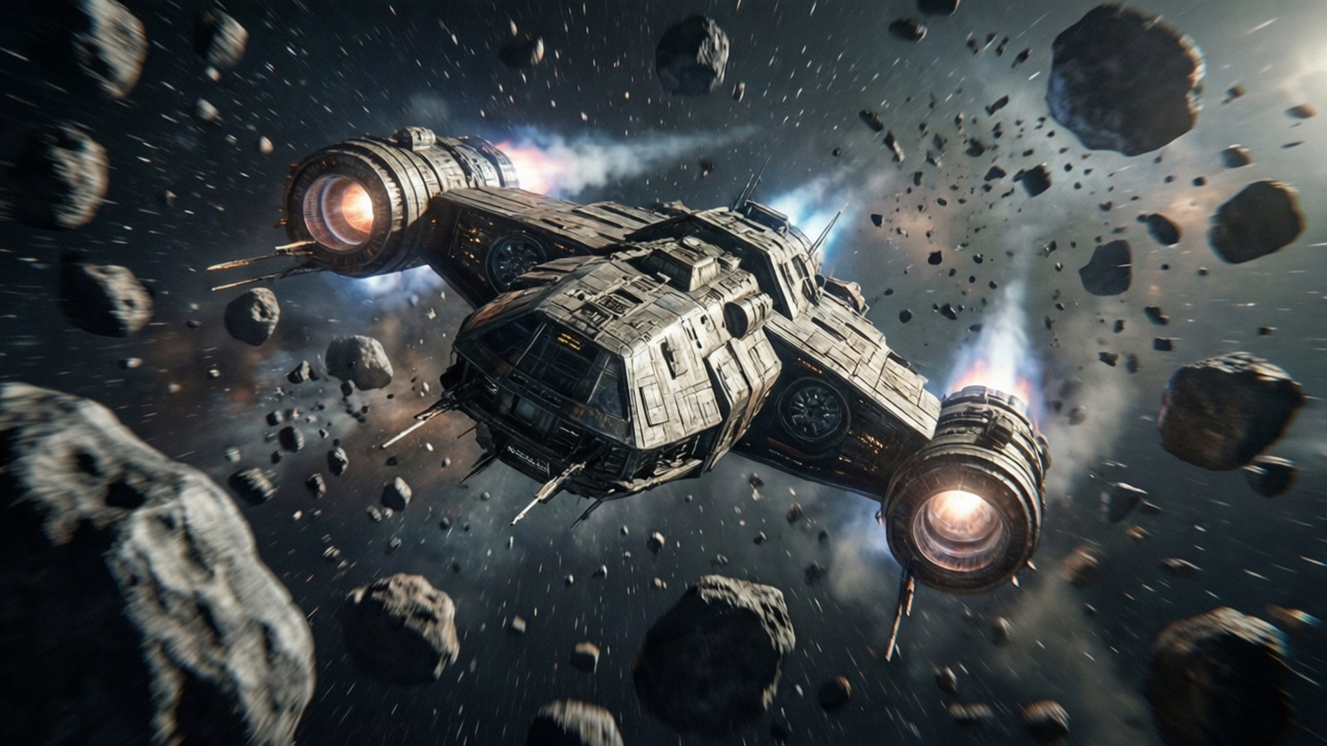 Asteroid Field Dash Wallpaper — A rugged spaceship navigates through a dense asteroid field with glowing engines against a starry cosmic backdrop.