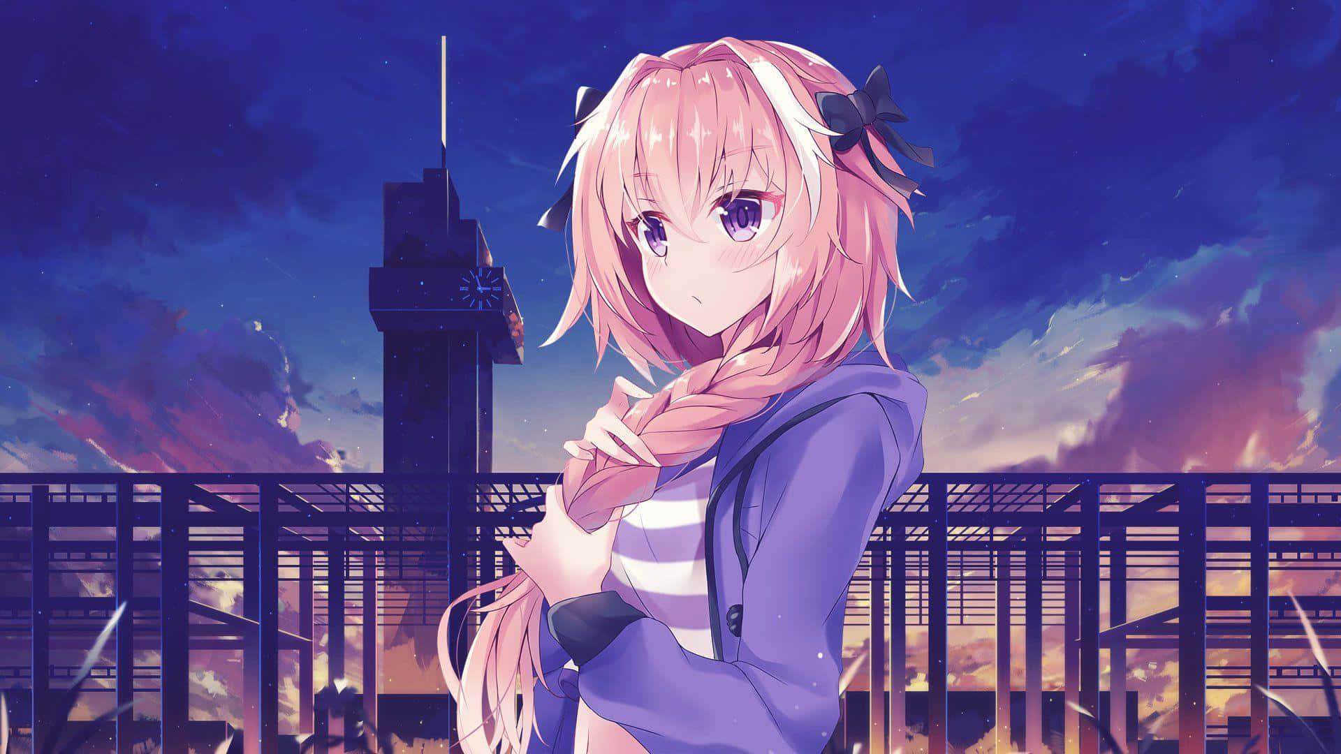 Anime Girl With Pink Hair Standing In Front Of A Building