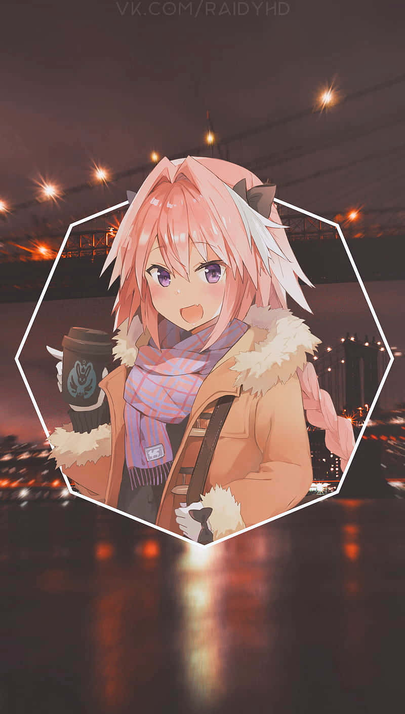 A Girl With Pink Hair And A Hat Is Holding A Cup