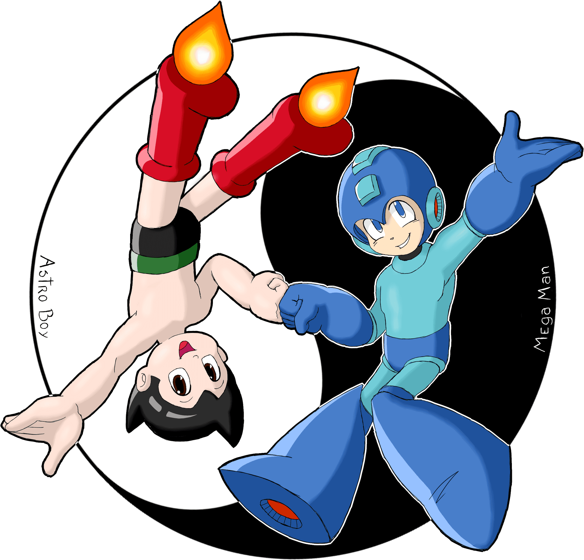 Astro Boyand Mega Man Friendly Gesture PNG