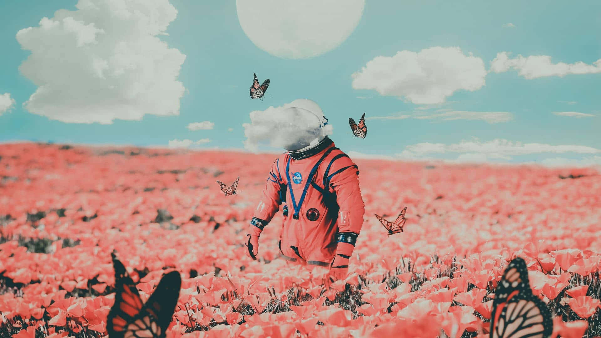Astronaut Amidst Butterflies Field H D Aesthetic Wallpaper