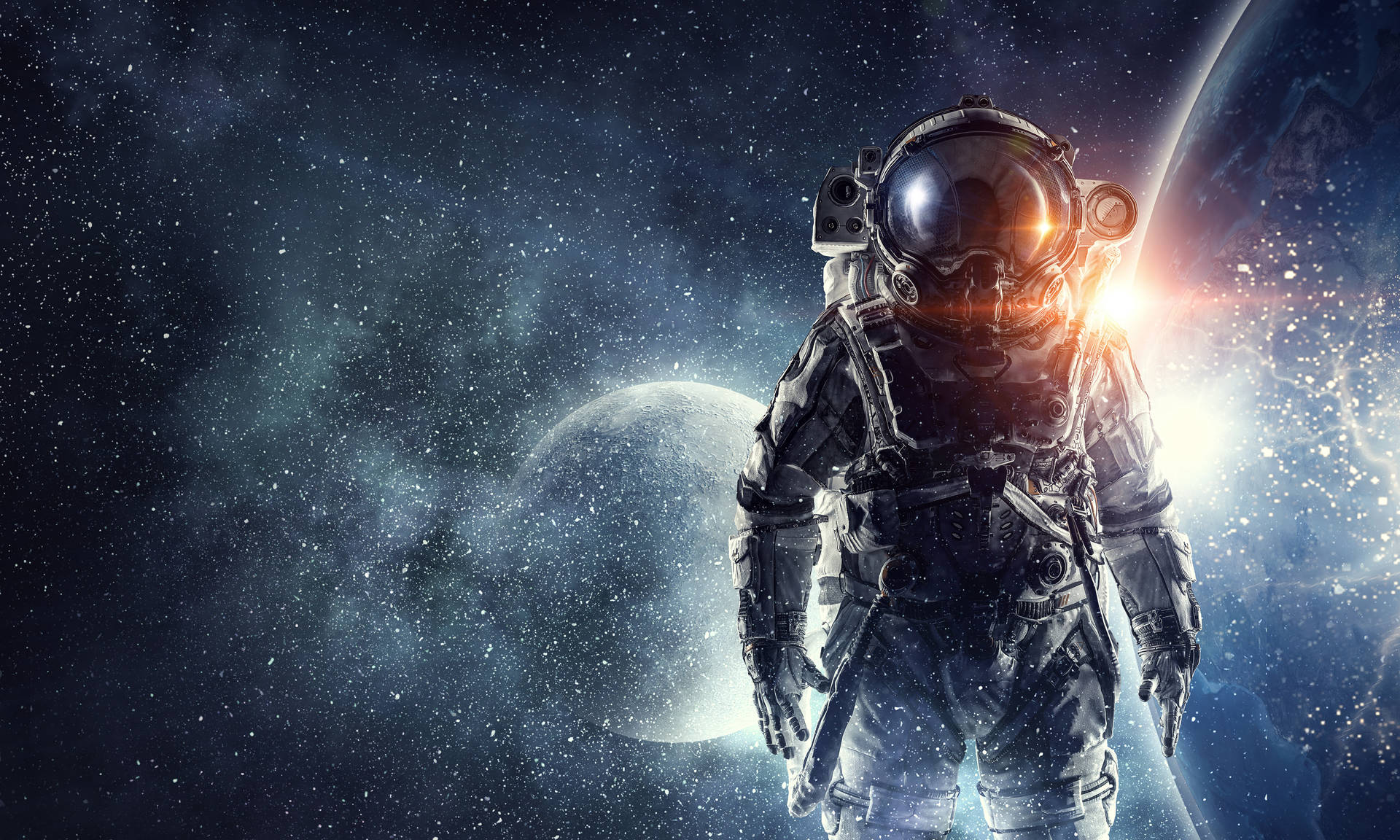 Astronauta Tra La Luna E La Terra Sfondo