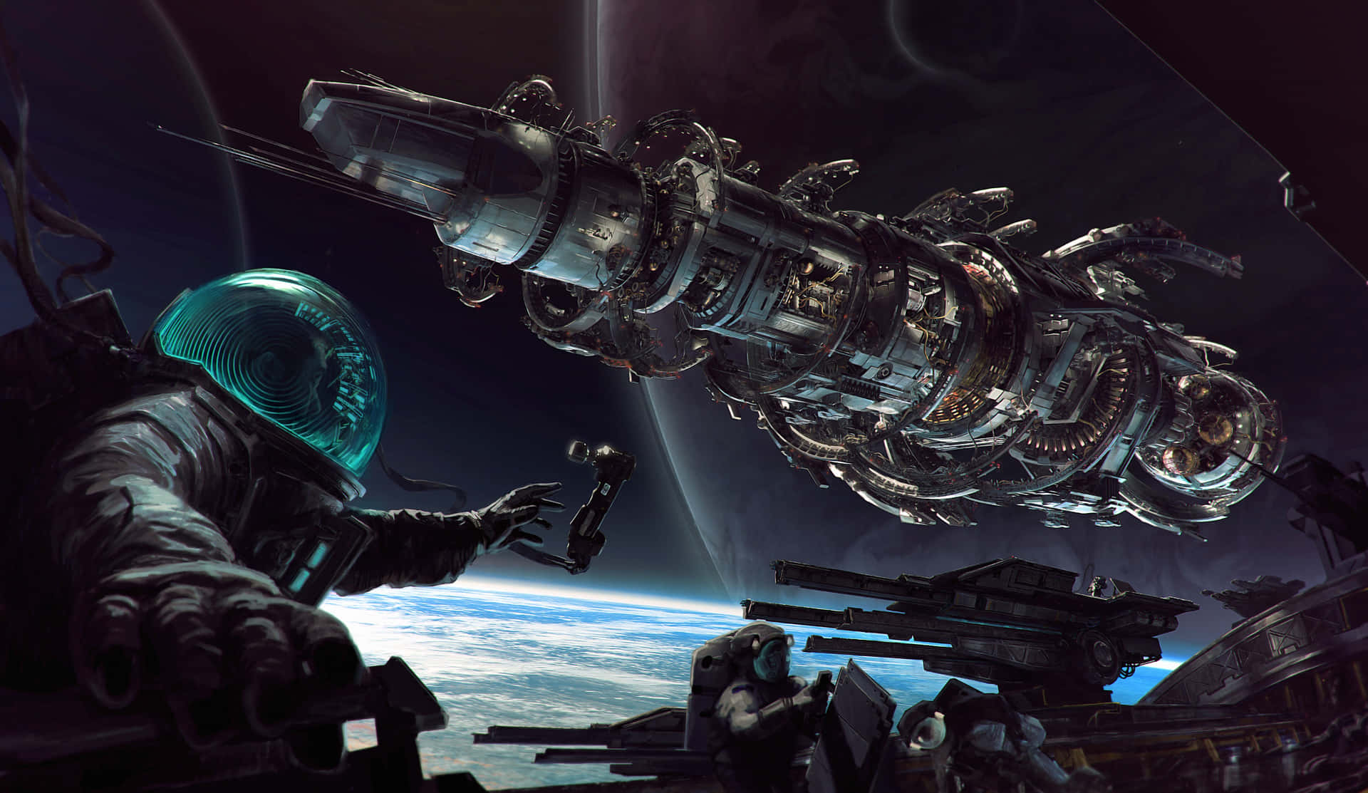 Astronaut Encounters Space Station Artwork Wallpaper