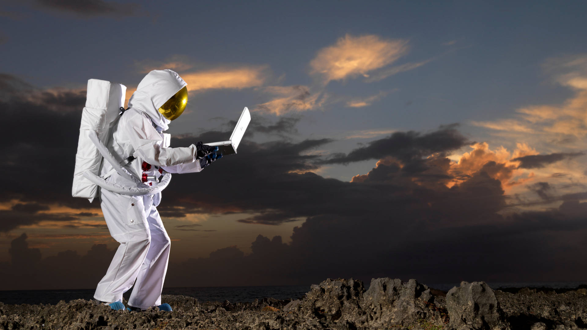 Astronaut Holding Laptop Photography Wallpaper