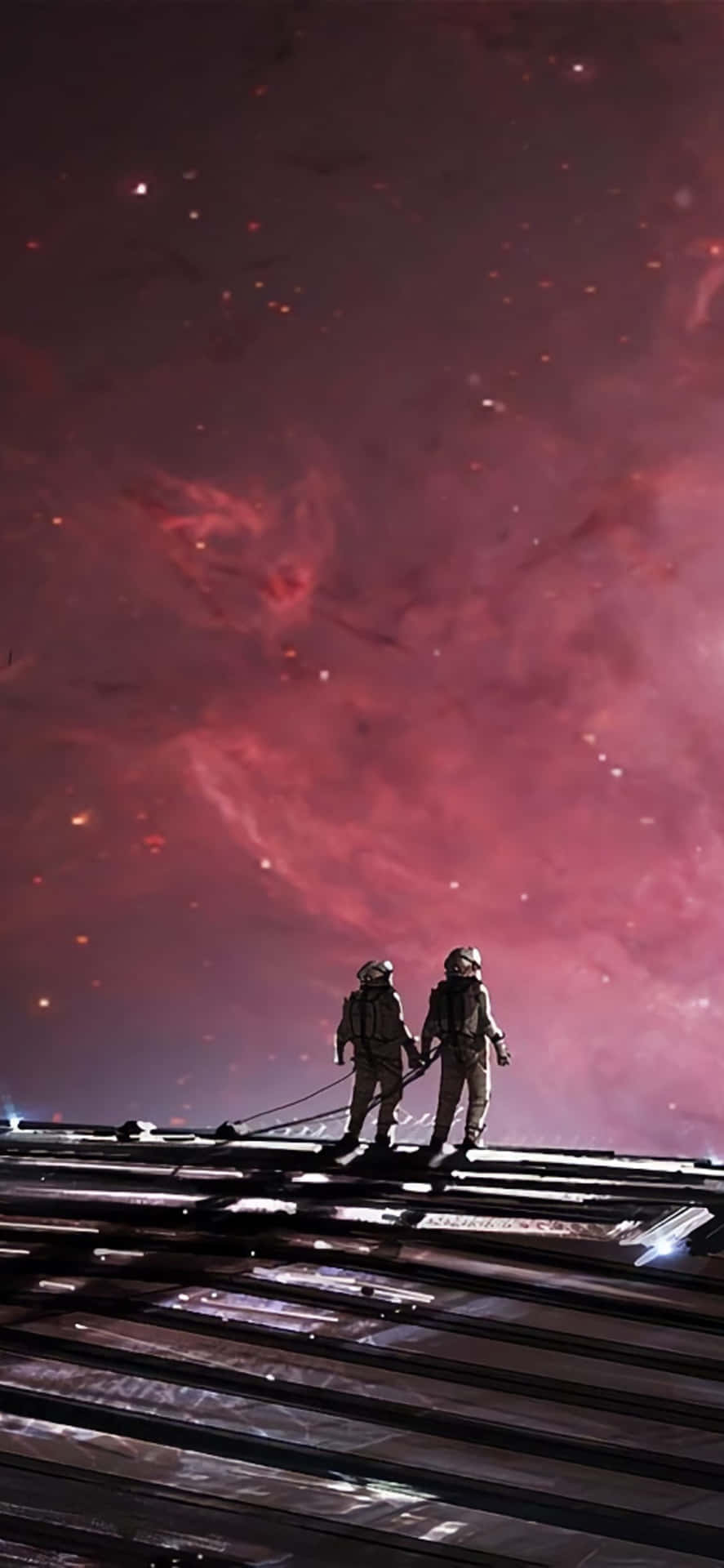 To astronauter går på en togbane med et lyserødt himmelrum Wallpaper